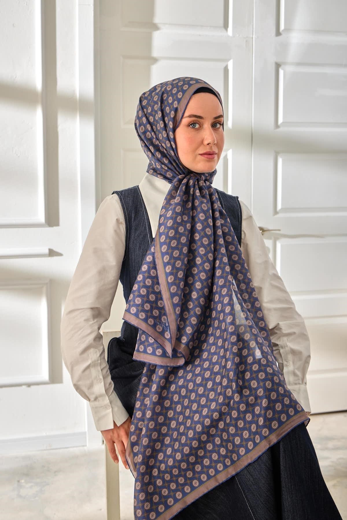 %100 Vual İpek Şal Desenli İndigo Tonlu 70x190