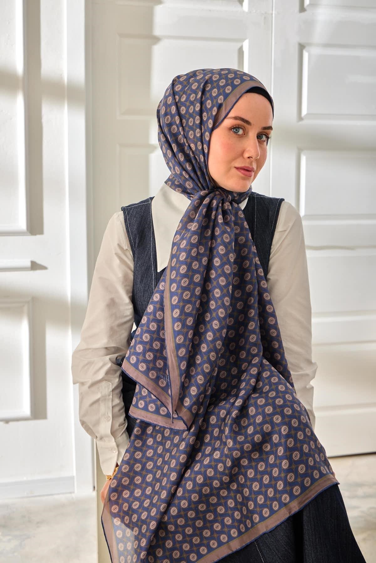 %100 Vual İpek Şal Desenli İndigo Tonlu 70x190