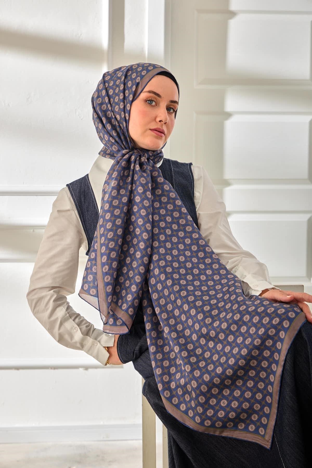 %100 Vual İpek Şal Desenli İndigo Tonlu 70x190