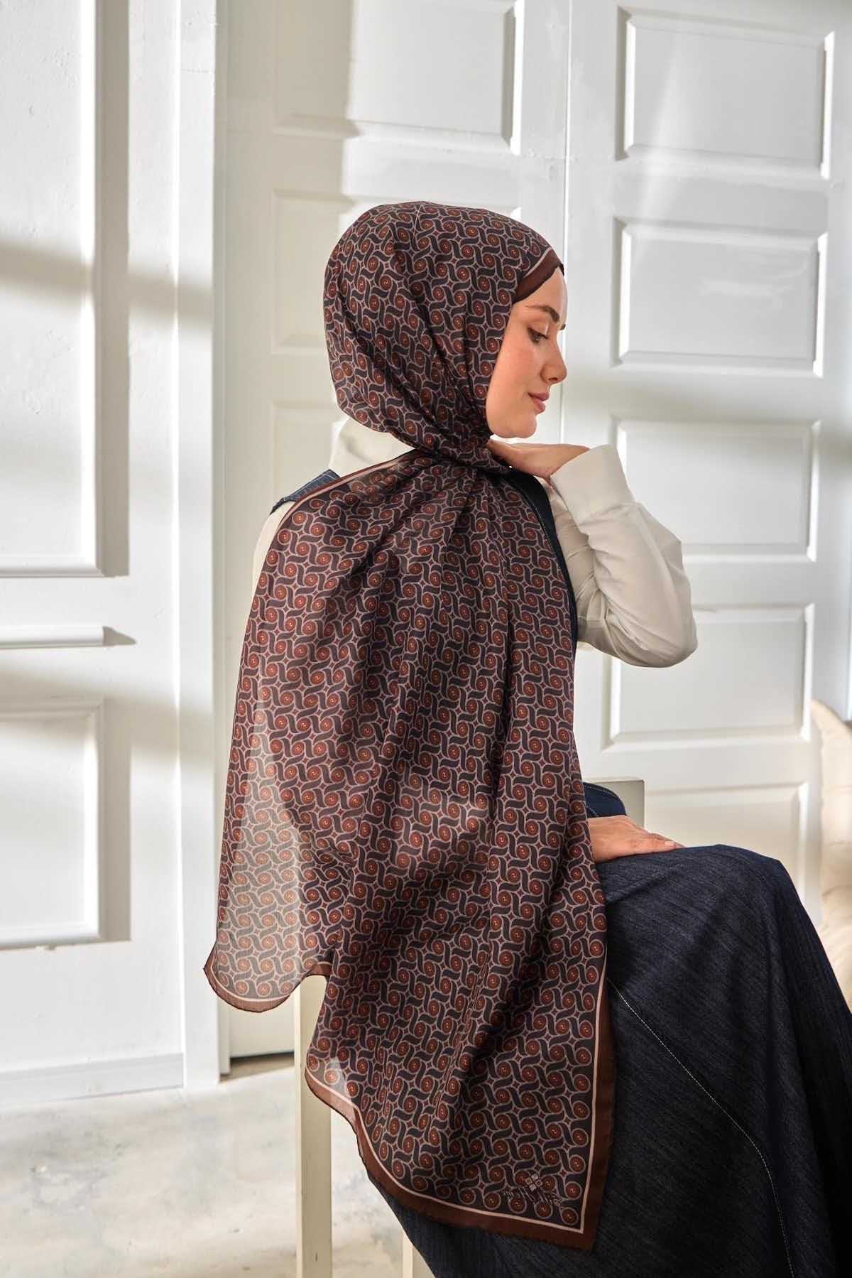 %100 Vual İpek Şal Desenli Kahverengi Tonlu 70x190