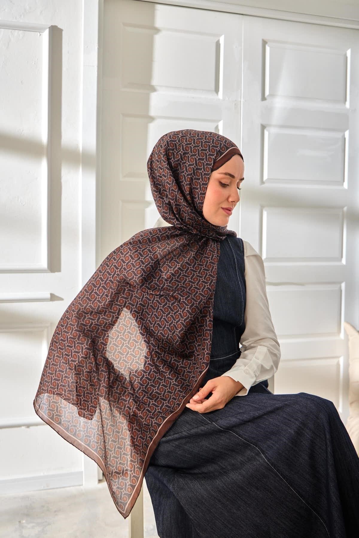 %100 Vual İpek Şal Desenli Kahverengi Tonlu 70x190