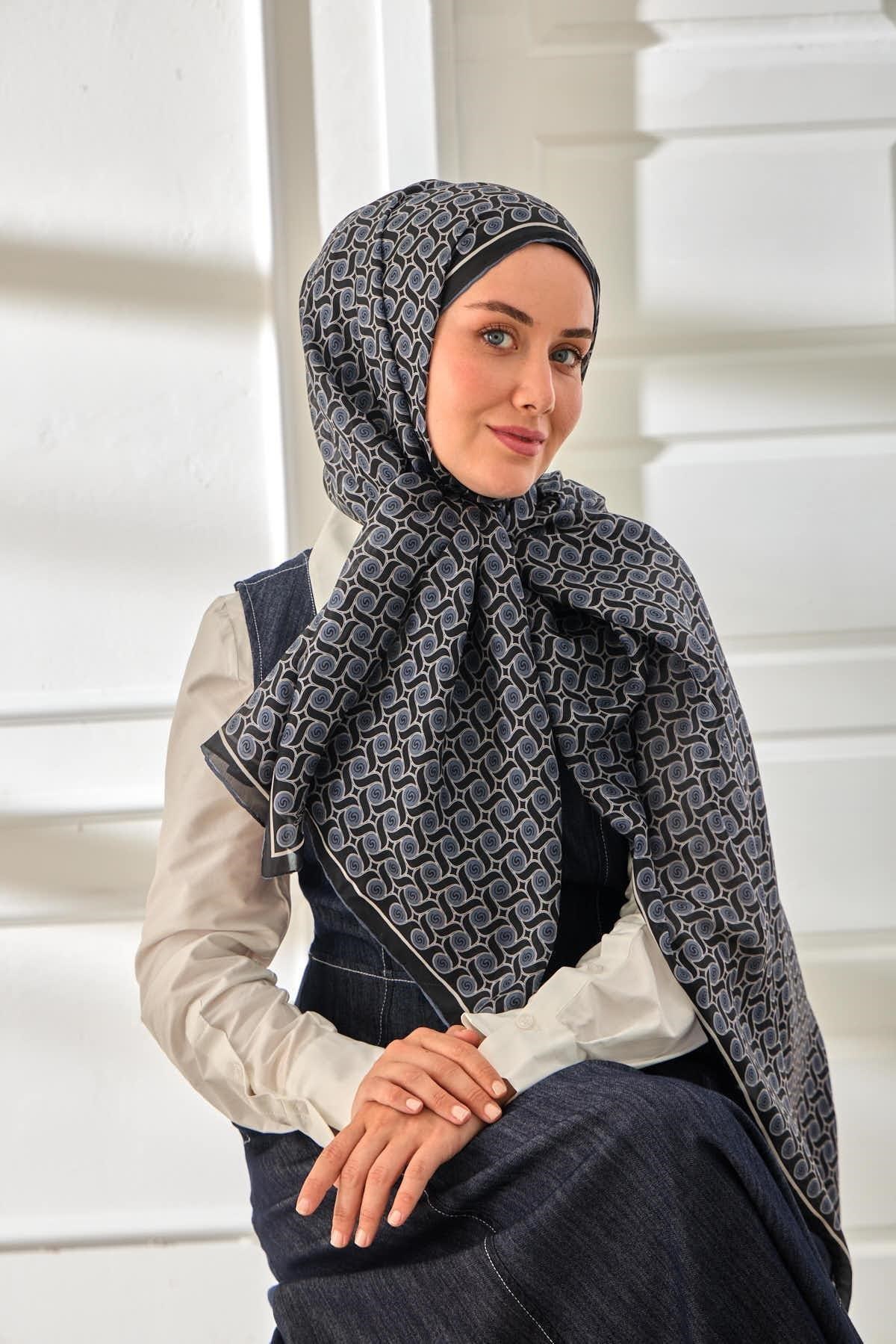 %100 Vual İpek Şal Desenli Lacivert Metalik Gri Tonlu 70x190