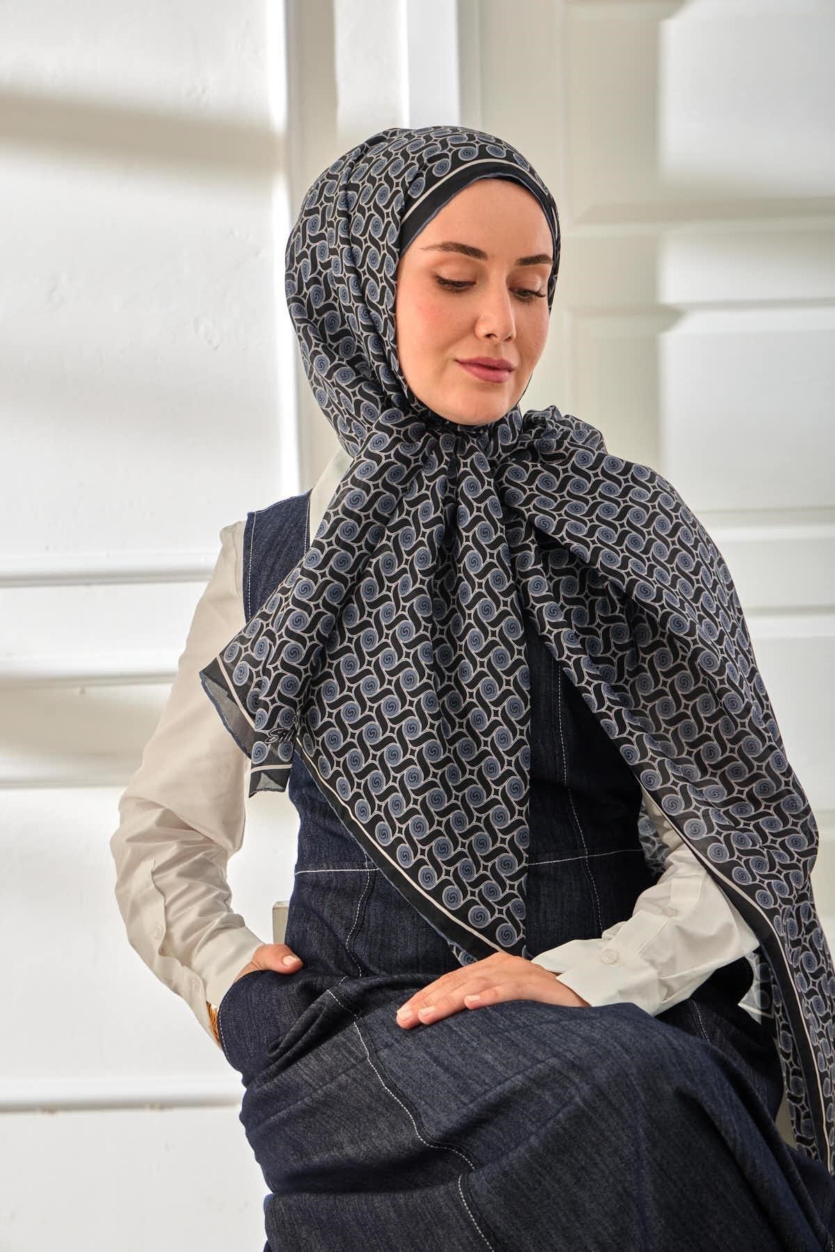 %100 Vual İpek Şal Desenli Lacivert Metalik Gri Tonlu 70x190