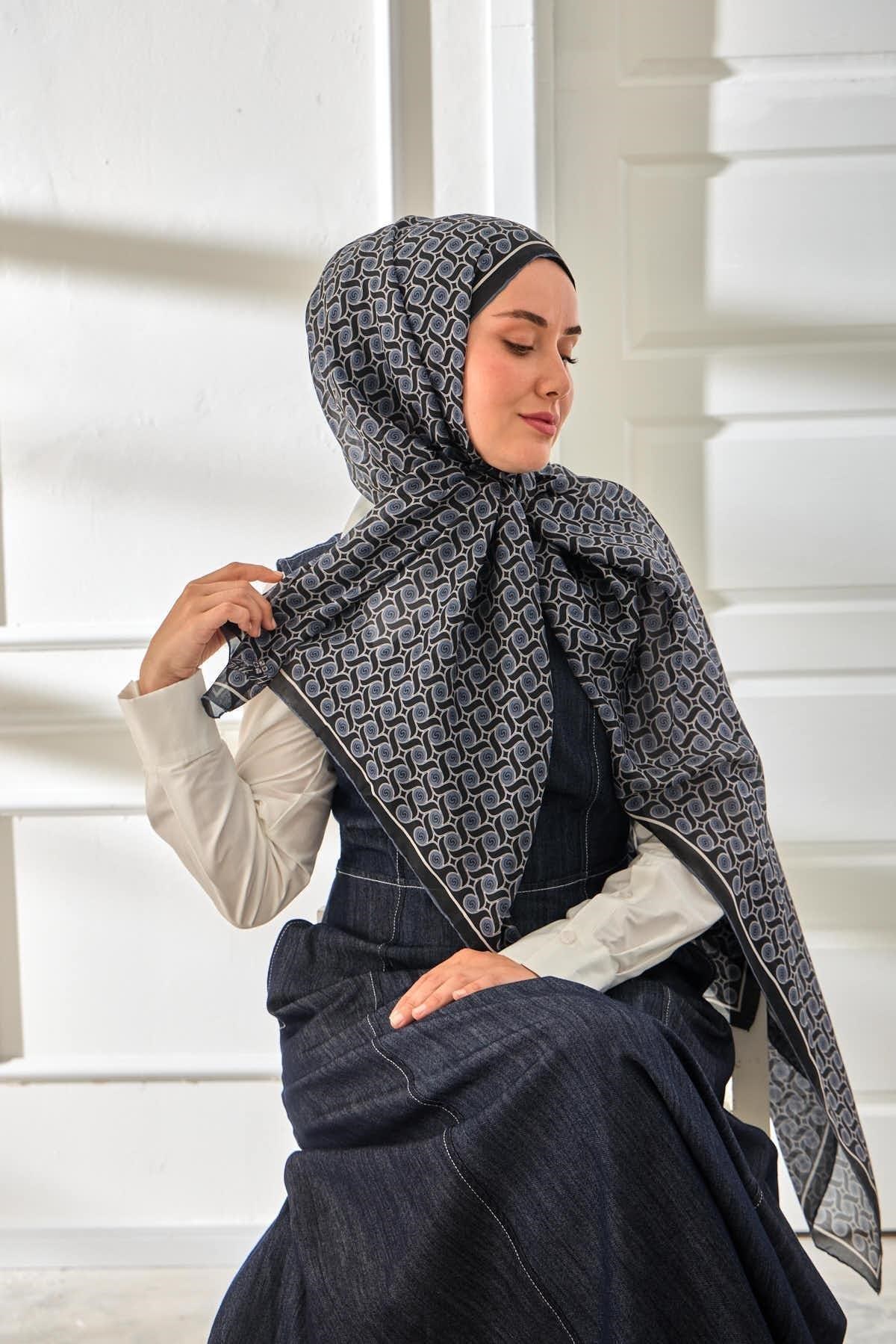 %100 Vual İpek Şal Desenli Lacivert Metalik Gri Tonlu 70x190