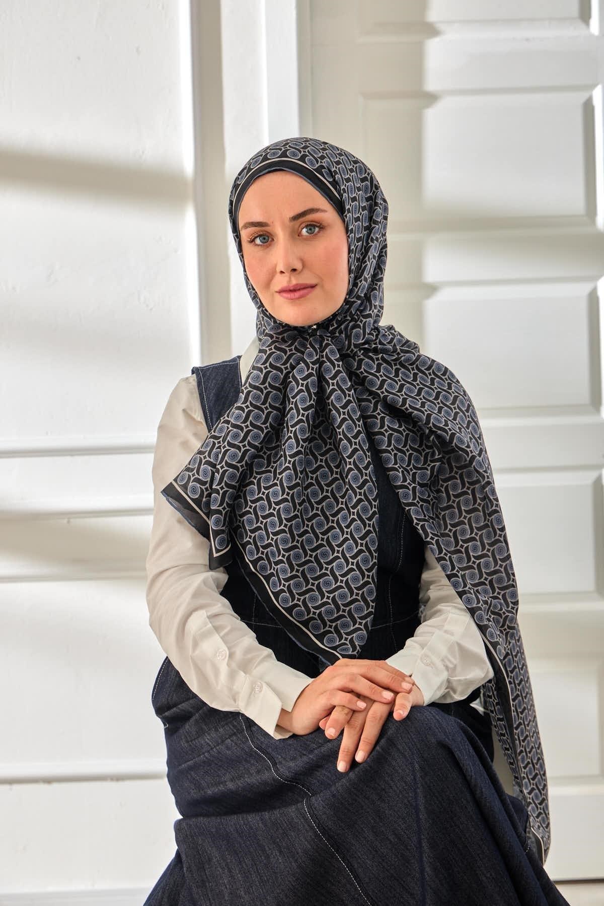 %100 Vual İpek Şal Desenli Lacivert Metalik Gri Tonlu 70x190