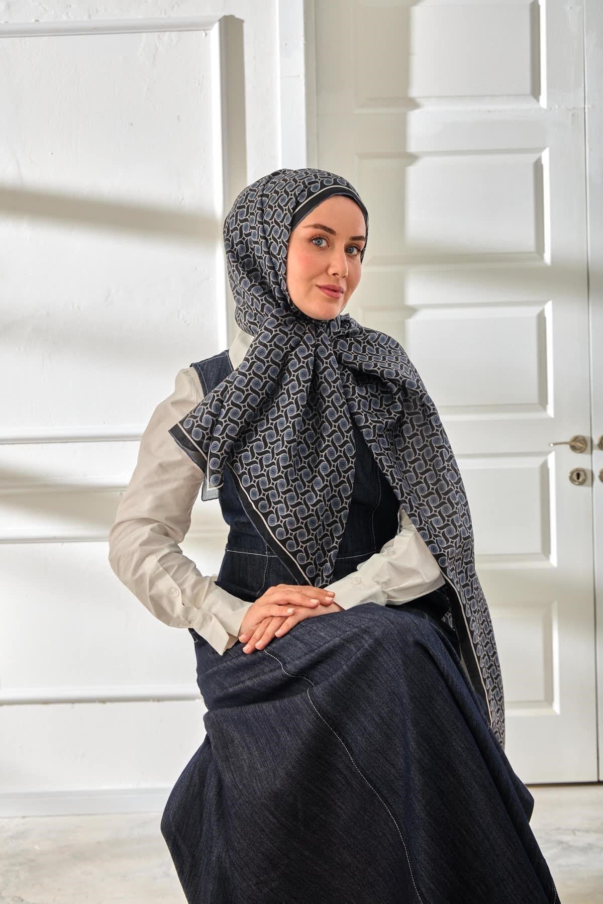 %100 Vual İpek Şal Desenli Lacivert Metalik Gri Tonlu 70x190