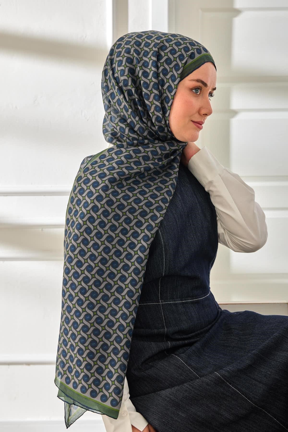 %100 Vual İpek Şal Desenli Lacivert Yeşil Tonlu 70x190