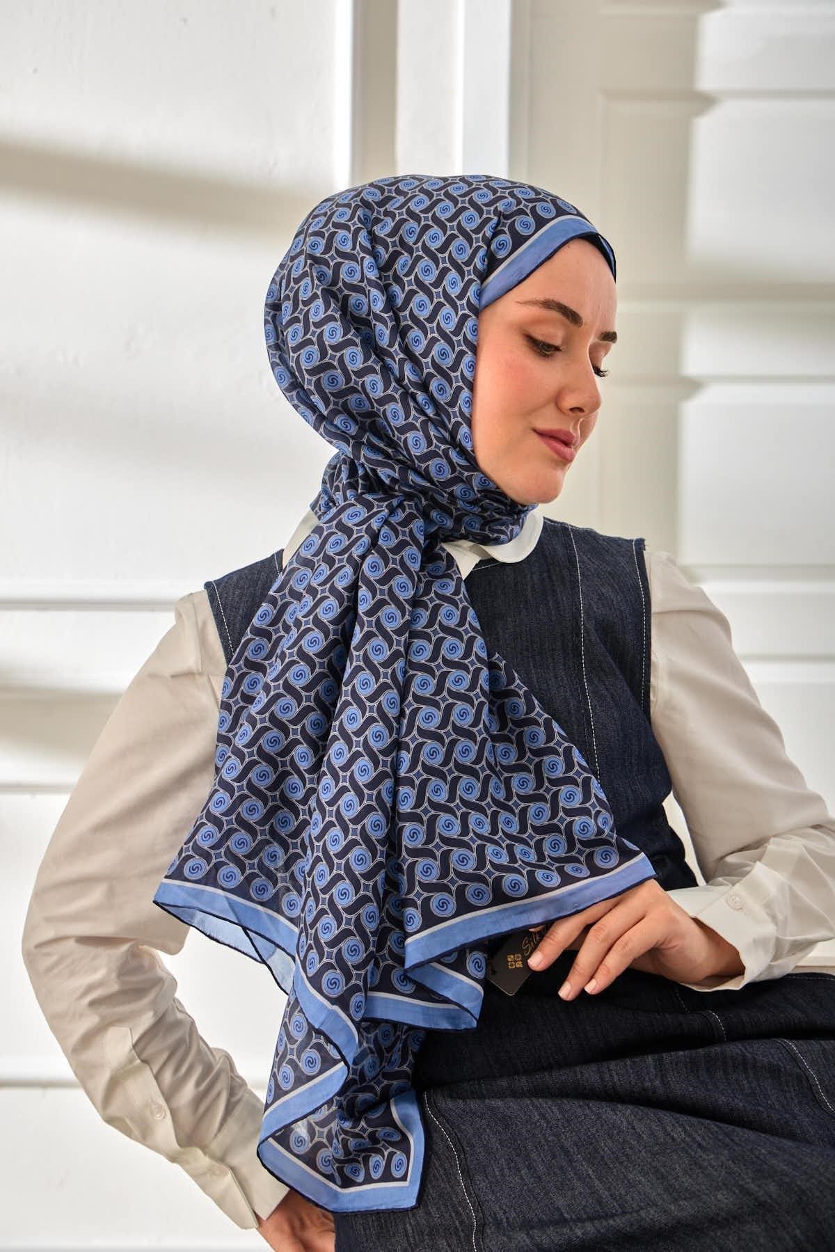 %100 Vual İpek Şal Desenli Mavi Tonlu 70x190