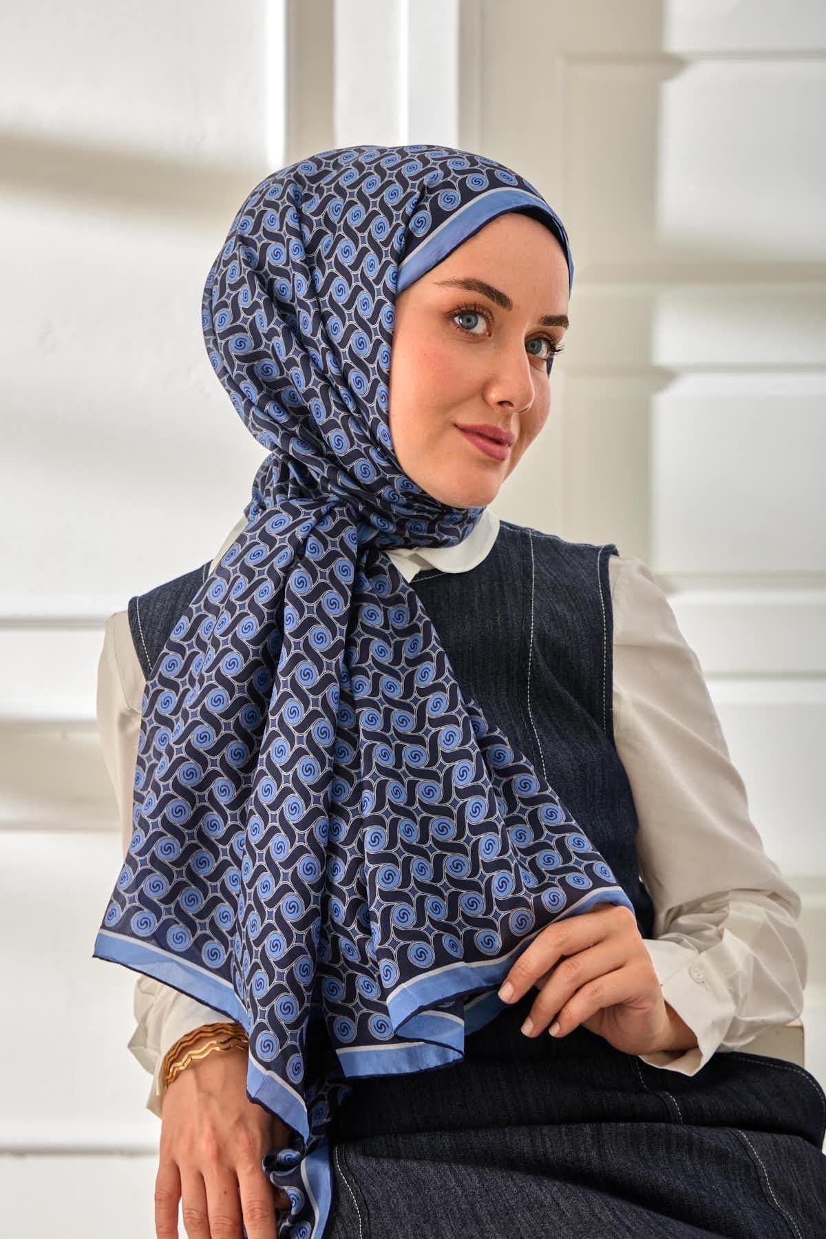 %100 Vual İpek Şal Desenli Mavi Tonlu 70x190