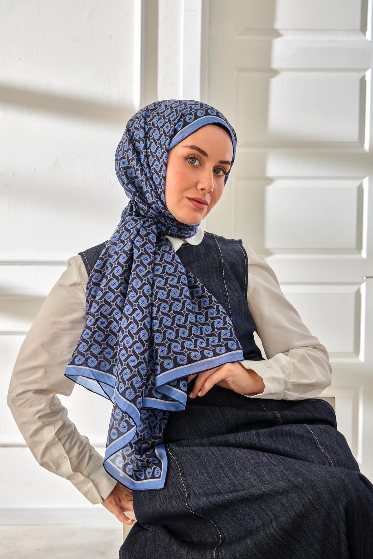 %100 Vual İpek Şal Desenli Mavi Tonlu 70x190