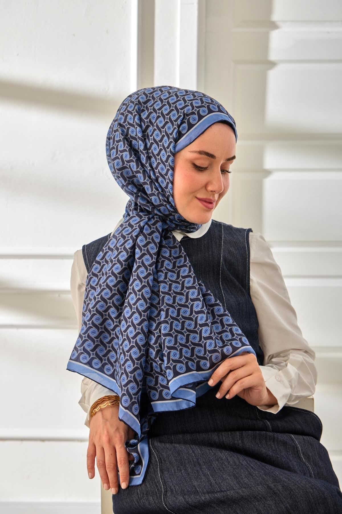 %100 Vual İpek Şal Desenli Mavi Tonlu 70x190