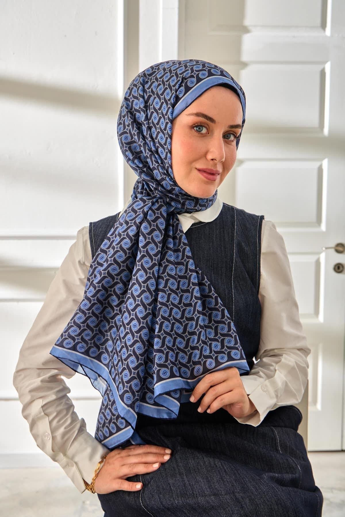 %100 Vual İpek Şal Desenli Mavi Tonlu 70x190
