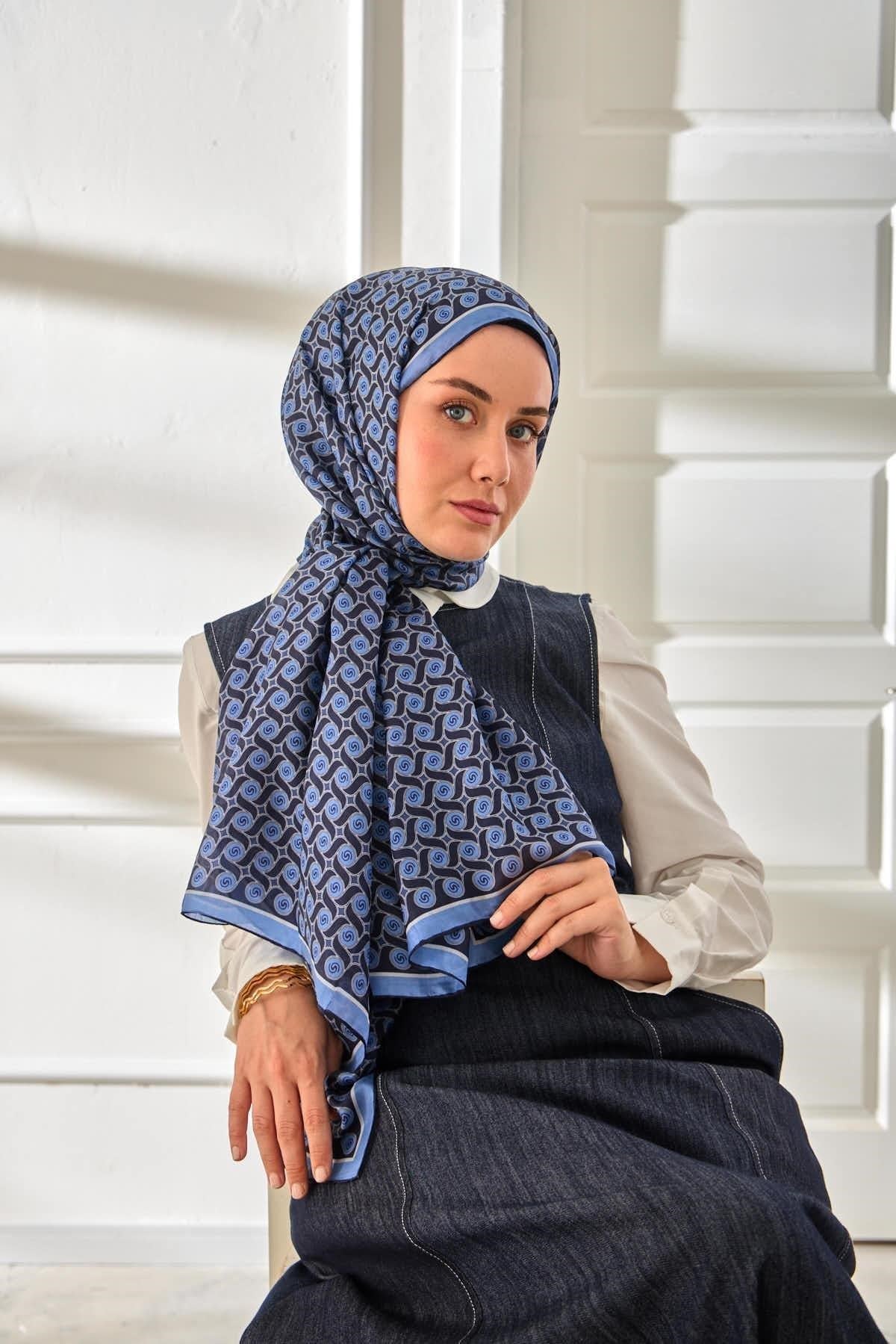 %100 Vual İpek Şal Desenli Mavi Tonlu 70x190