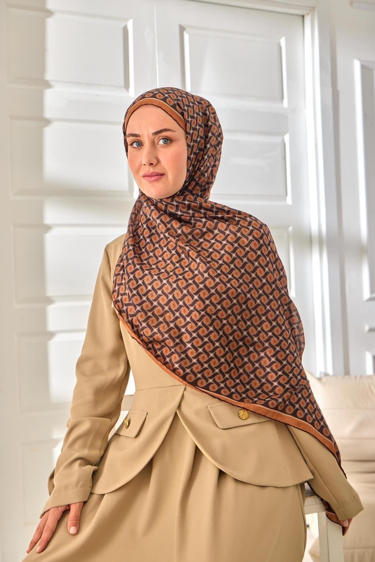 %100 Vual İpek Şal Desenli Taba Acı Kahve Tonlu 70x190