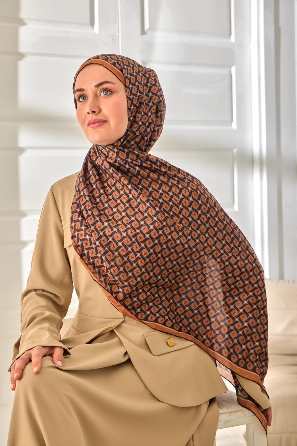%100 Vual İpek Şal Desenli Taba Acı Kahve Tonlu 70x190