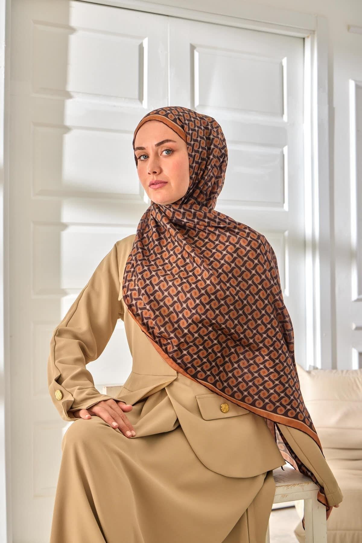 %100 Vual İpek Şal Desenli Taba Acı Kahve Tonlu 70x190