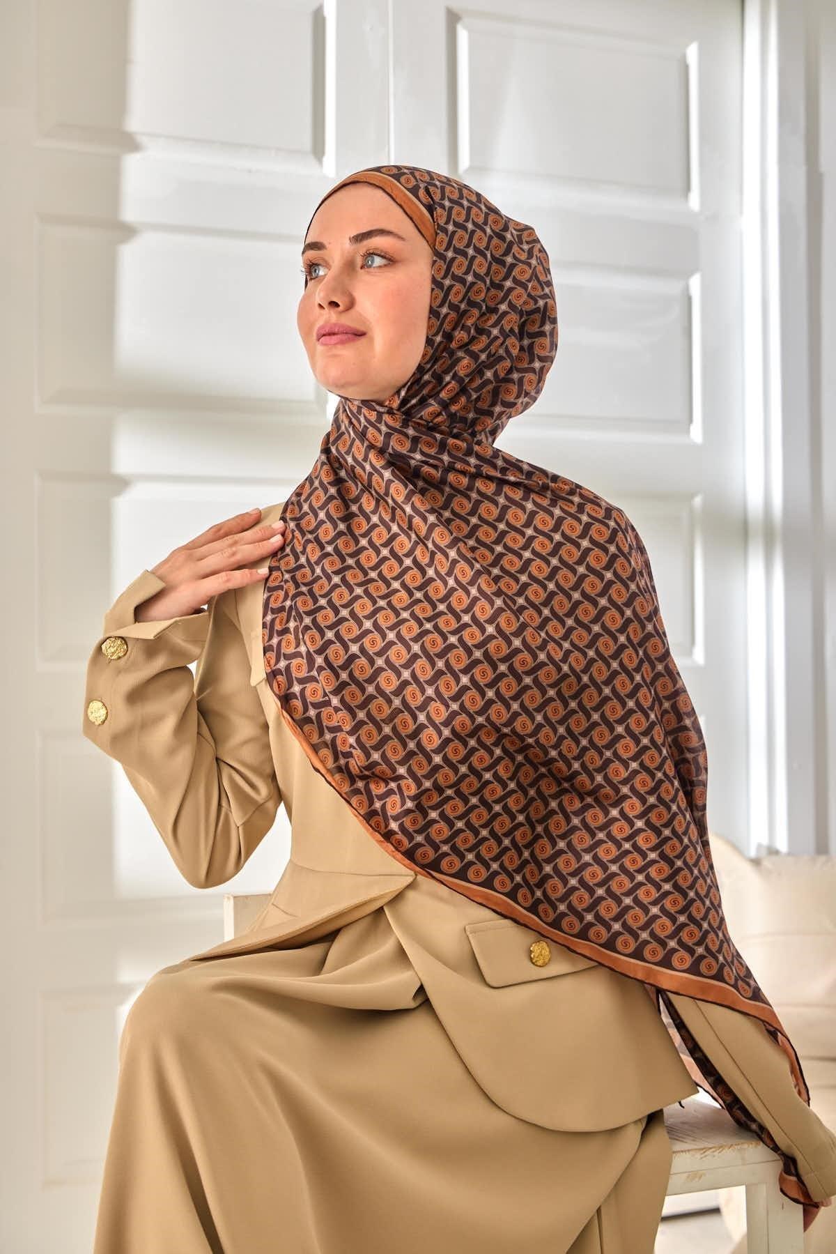 %100 Vual İpek Şal Desenli Taba Acı Kahve Tonlu 70x190
