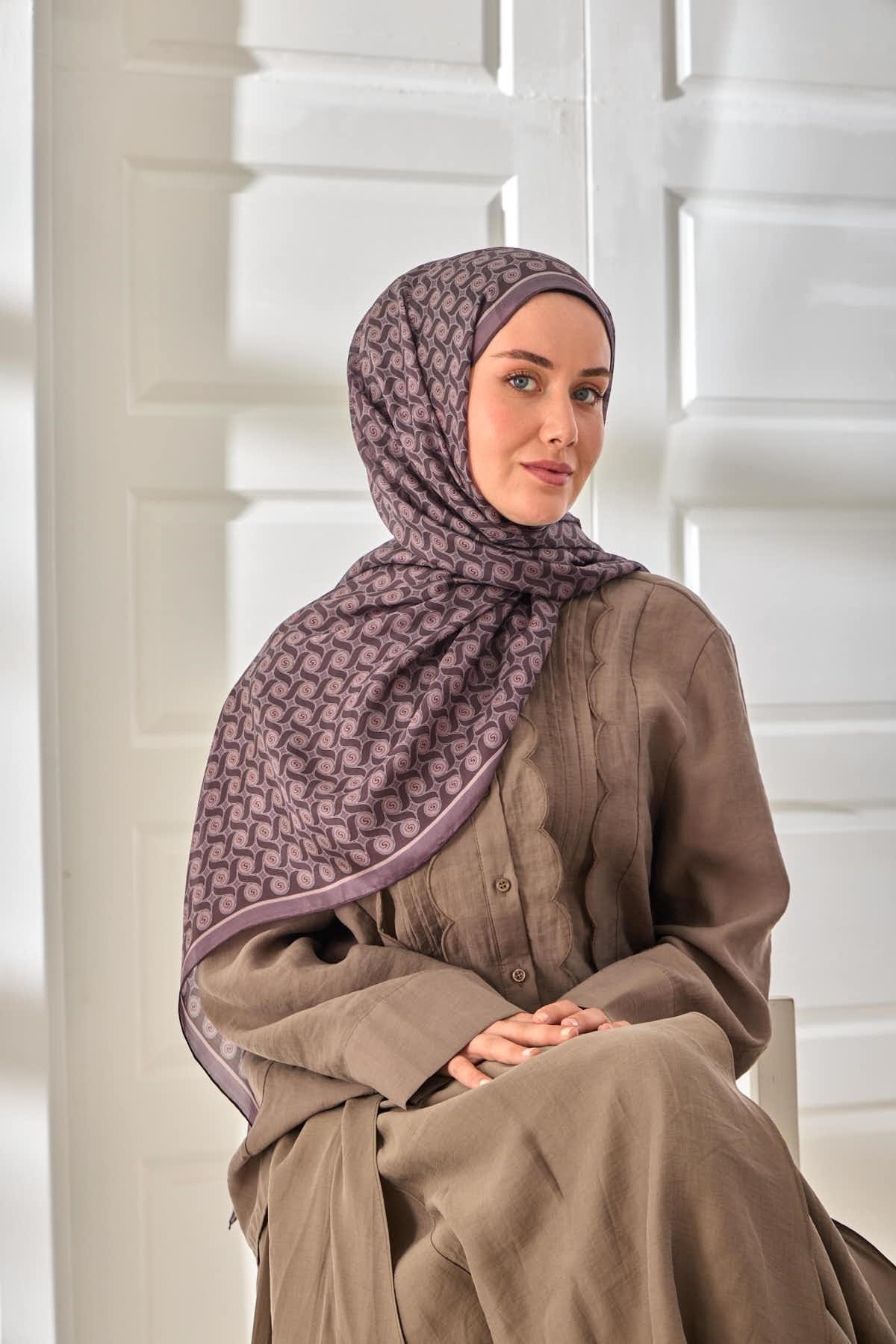 %100 Vual İpek Şal Eski Lavanta Mor Desenli 70x190