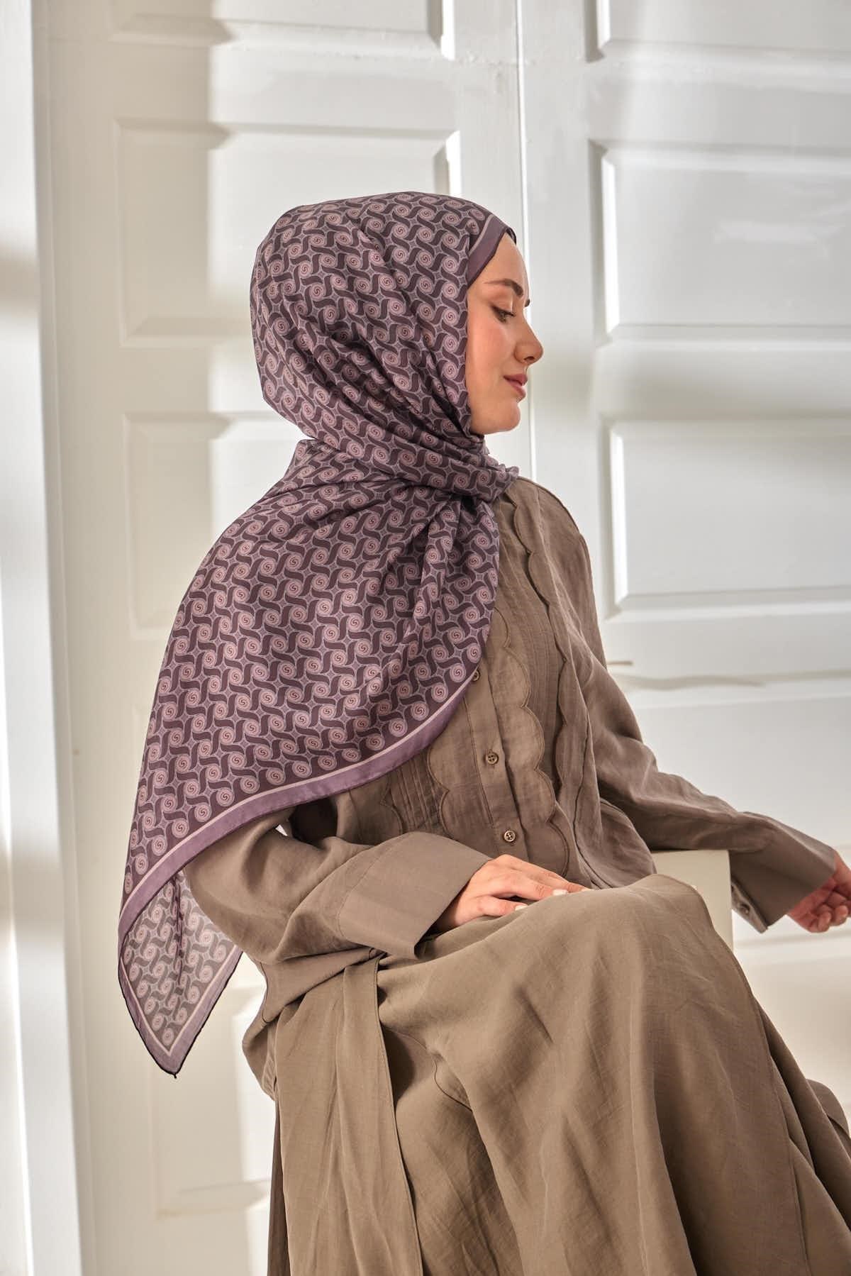 %100 Vual İpek Şal Eski Lavanta Mor Desenli 70x190