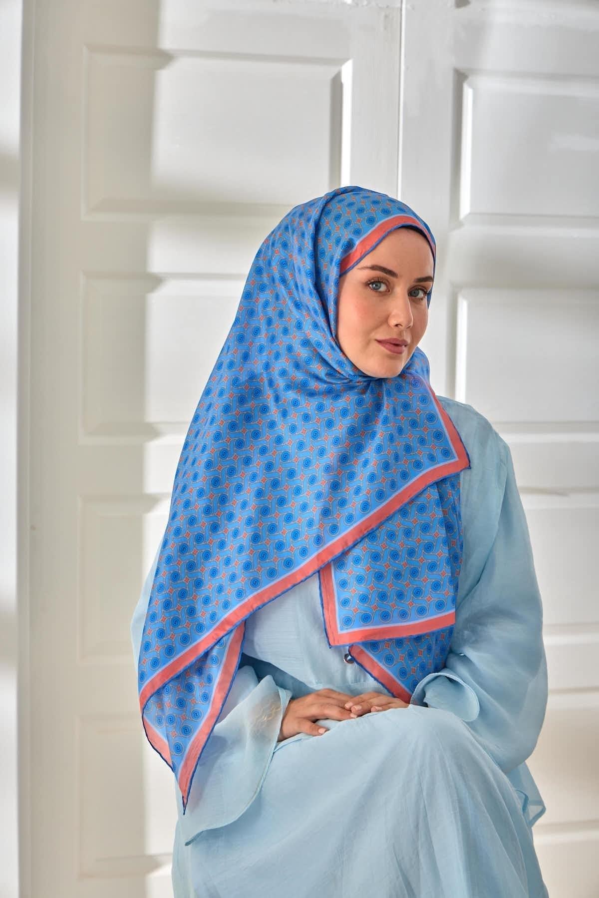 %100 Vual İpek Şal Gök Mavi Bebe Mavi Yavruağzı Desenli 70x190