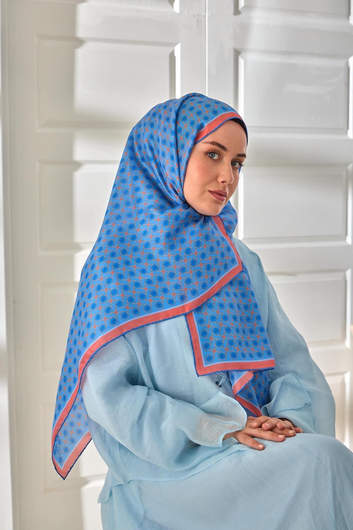 %100 Vual İpek Şal Gök Mavi Bebe Mavi Yavruağzı Desenli 70x190