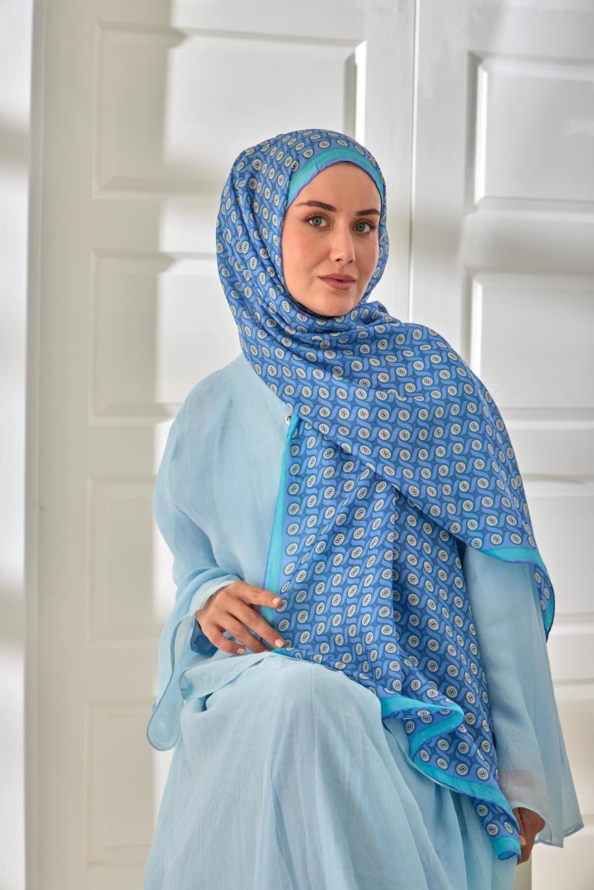 %100 Vual İpek Şal Lila Eflatun Turkuaz Desenli 70x190