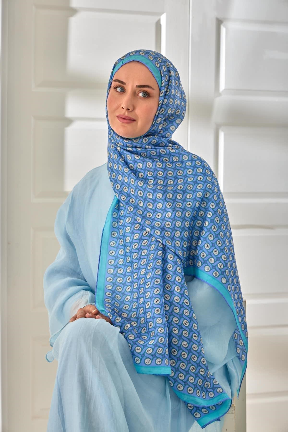 %100 Vual İpek Şal Lila Eflatun Turkuaz Desenli 70x190