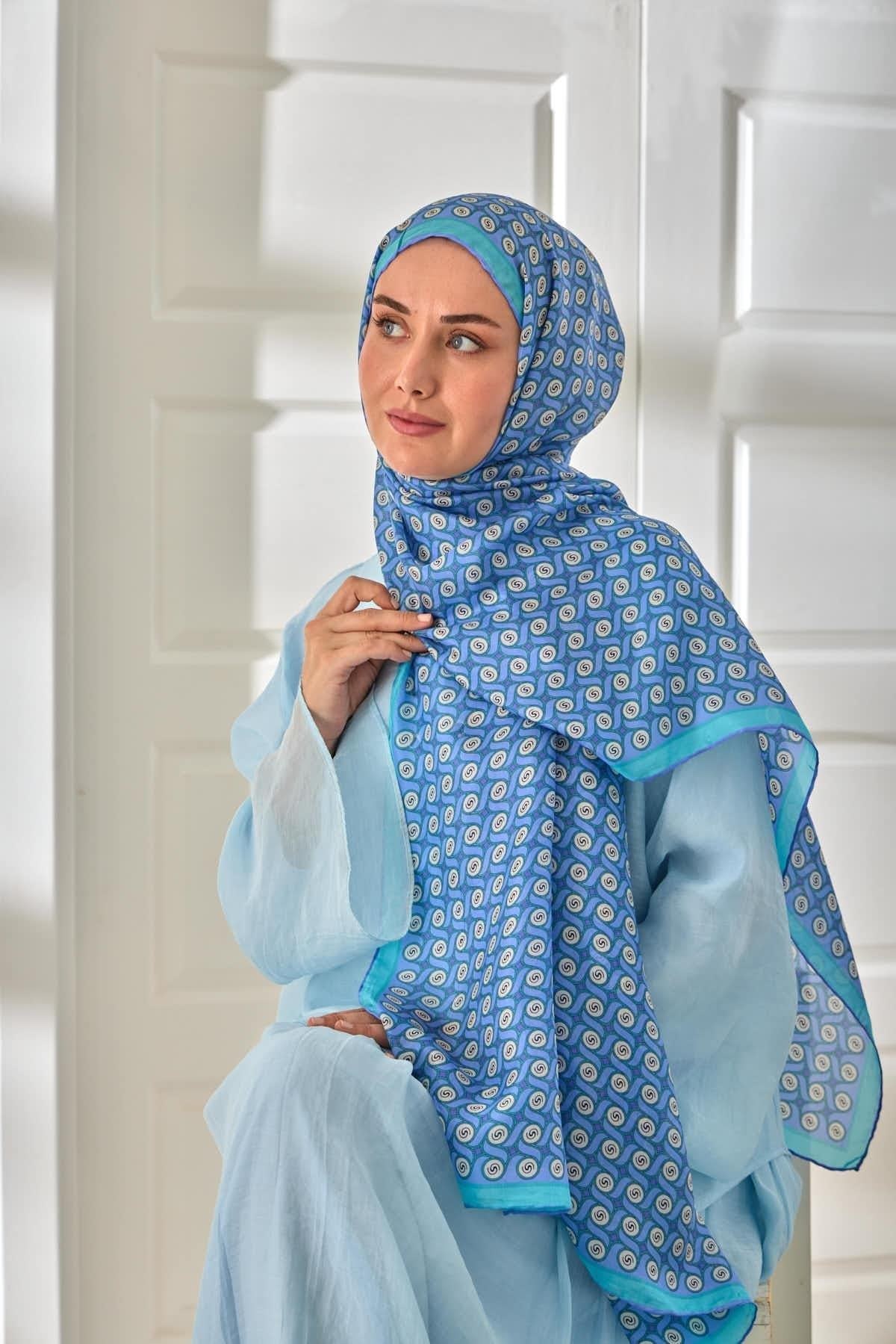 %100 Vual İpek Şal Lila Eflatun Turkuaz Desenli 70x190
