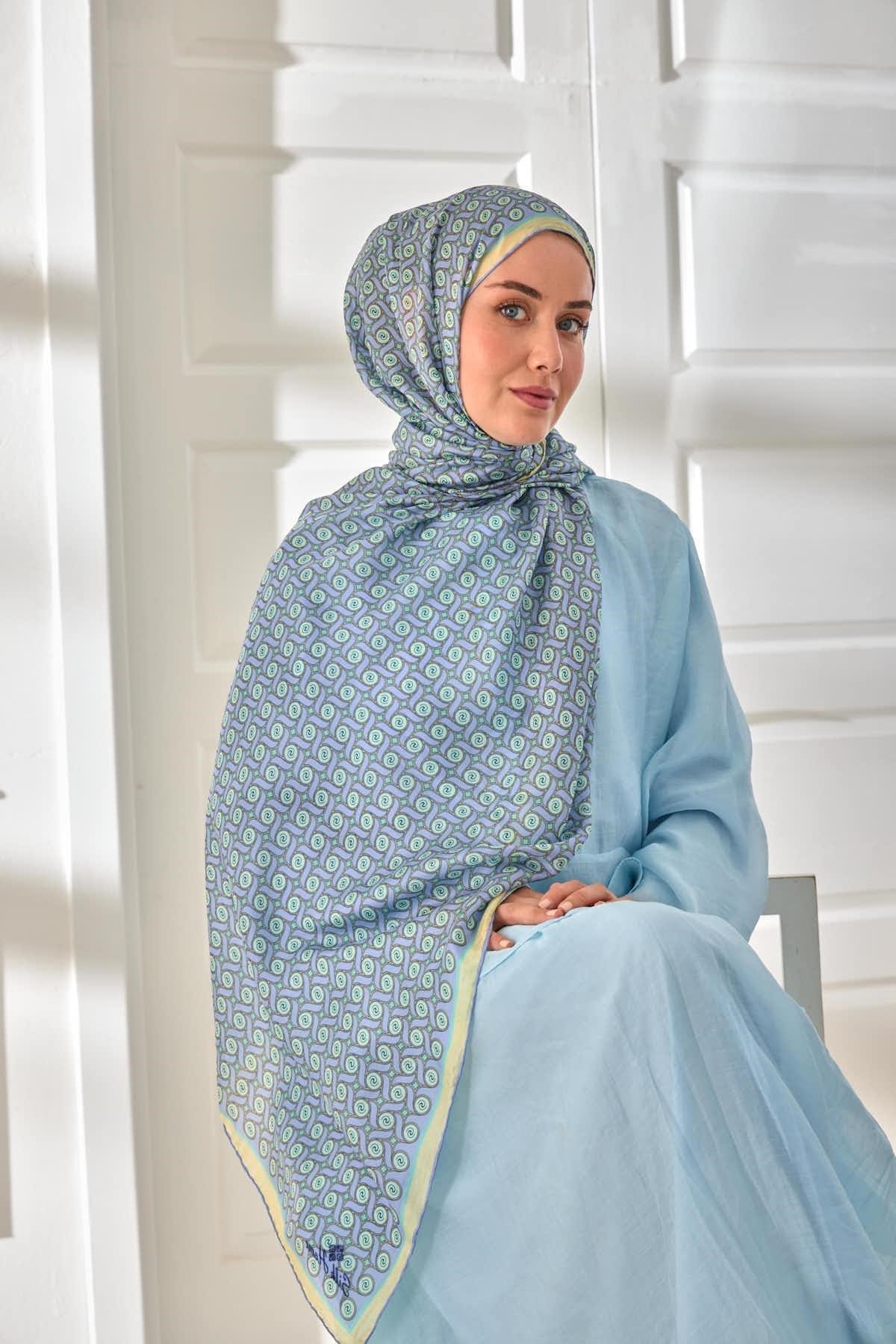 %100 Vual İpek Şal Lila Mint Butter Yellow Desenli 70x190