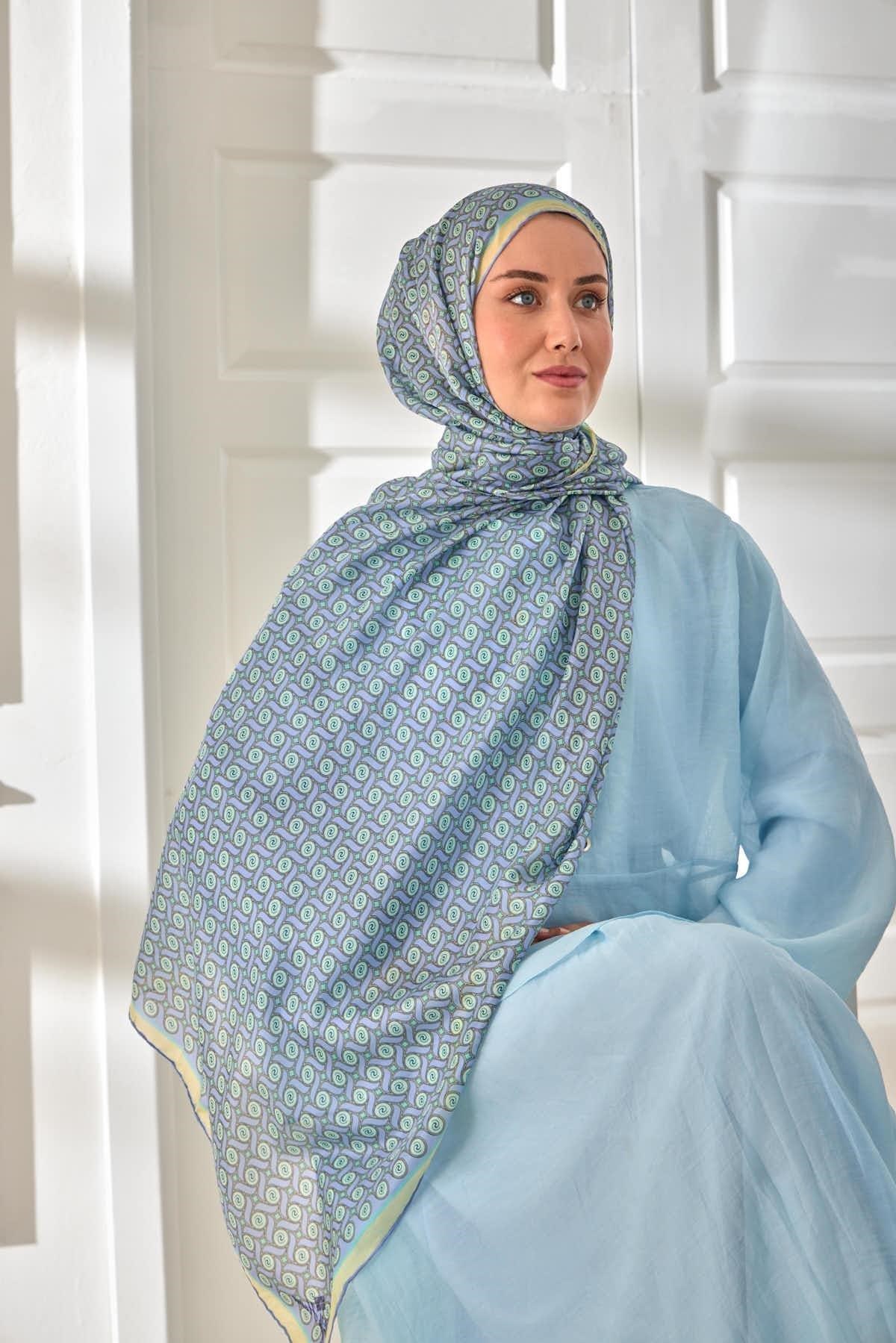 %100 Vual İpek Şal Lila Mint Butter Yellow Desenli 70x190