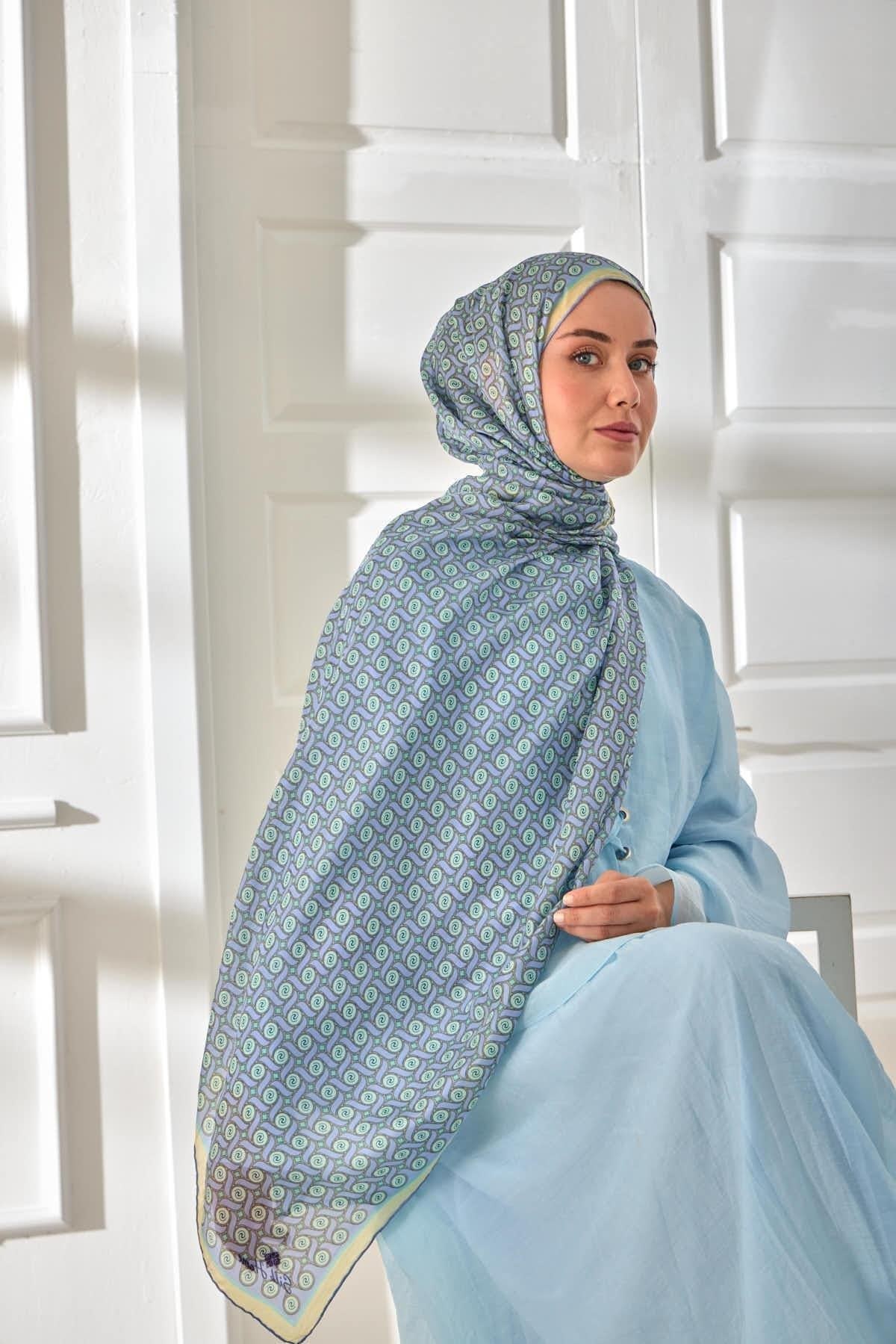 %100 Vual İpek Şal Lila Mint Butter Yellow Desenli 70x190