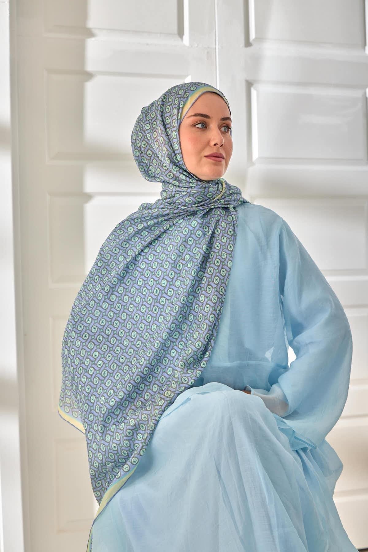 %100 Vual İpek Şal Lila Mint Butter Yellow Desenli 70x190