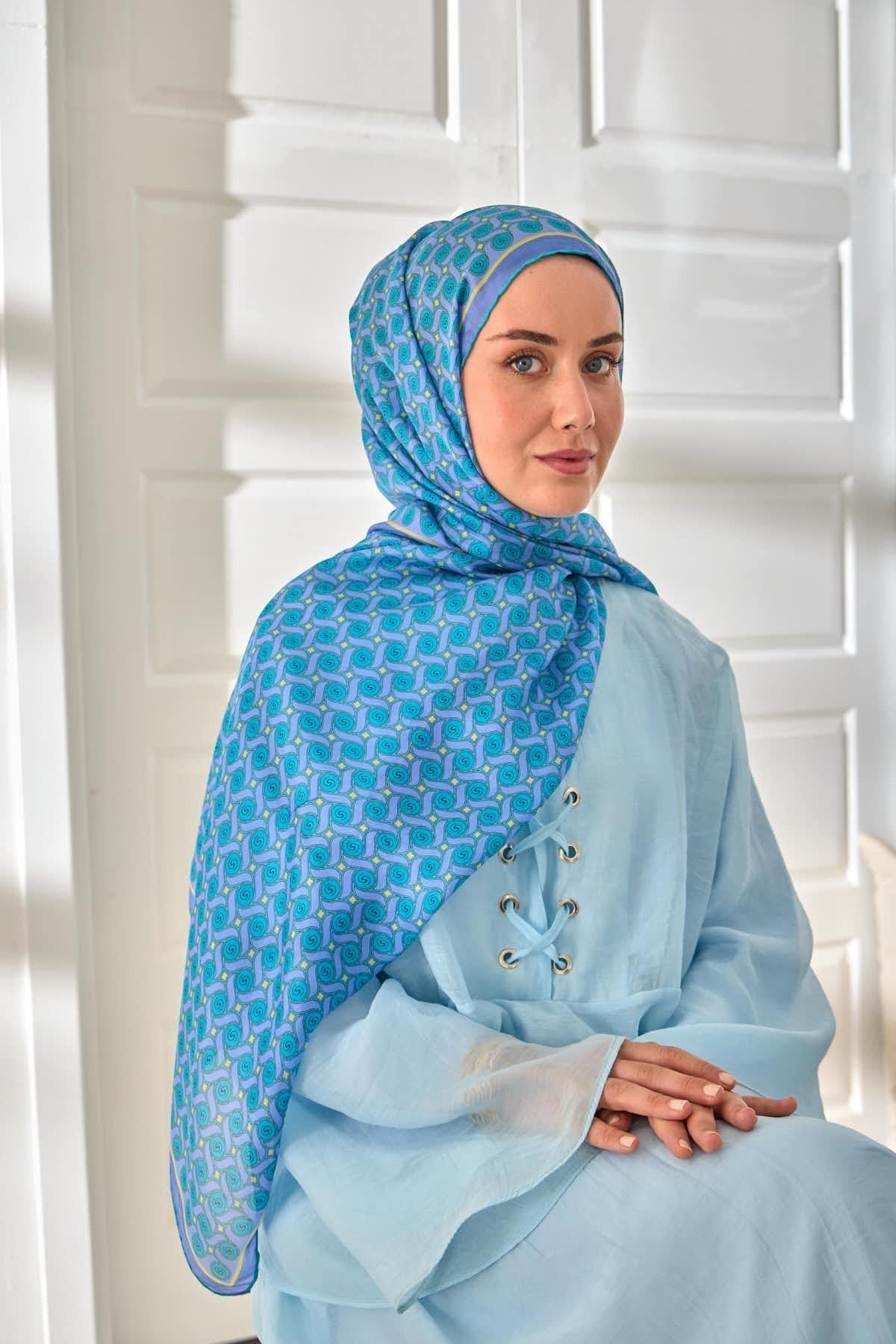%100 Vual İpek Şal Lila Turkuaz Butter Yellow Desenli 70x190