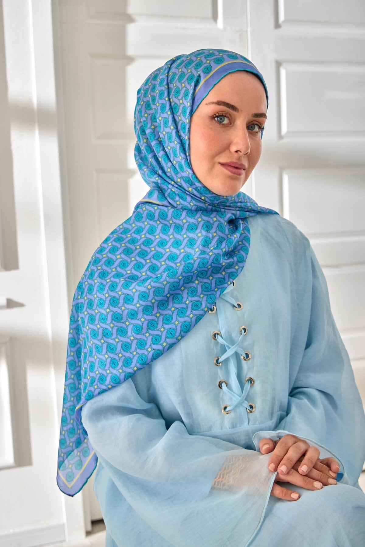 %100 Vual İpek Şal Lila Turkuaz Butter Yellow Desenli 70x190
