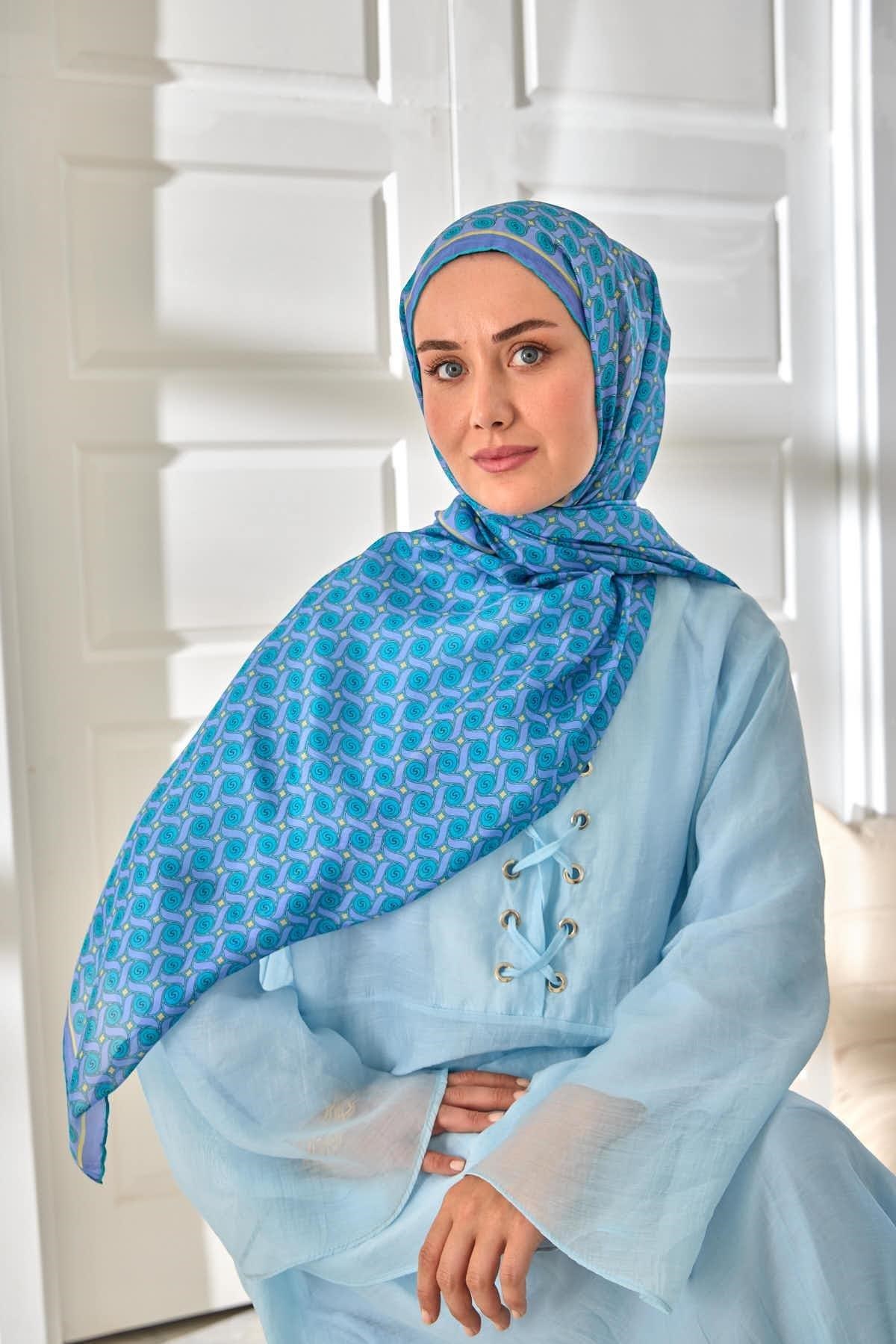 %100 Vual İpek Şal Lila Turkuaz Butter Yellow Desenli 70x190