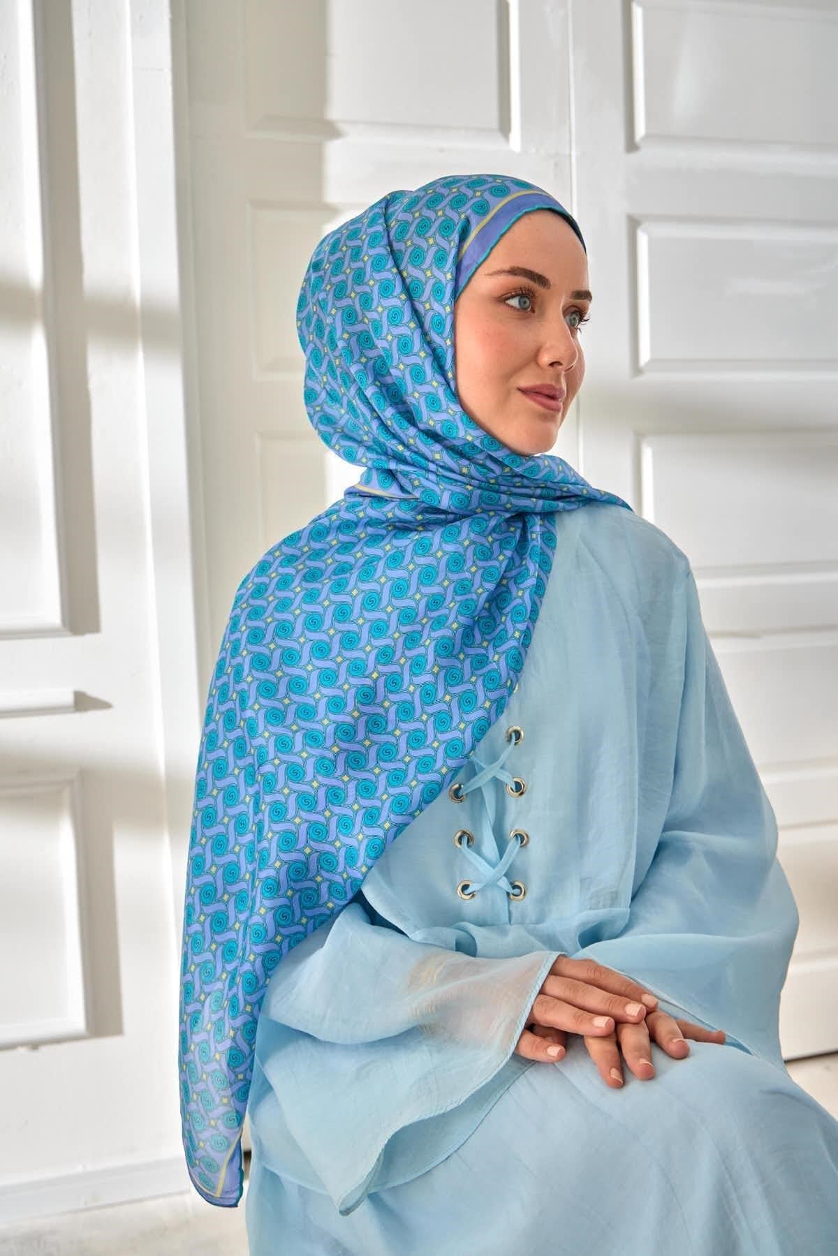 %100 Vual İpek Şal Lila Turkuaz Butter Yellow Desenli 70x190