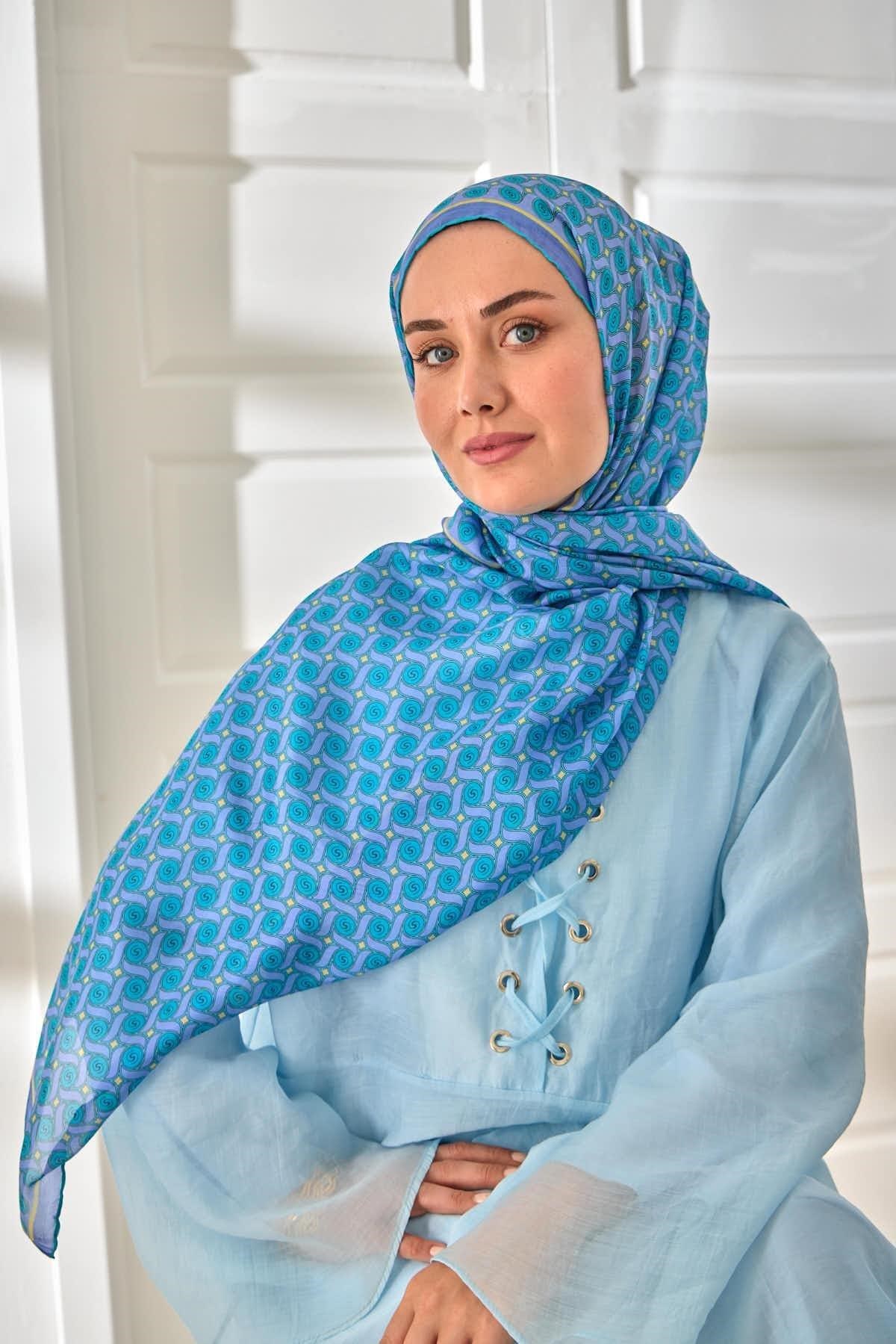 %100 Vual İpek Şal Lila Turkuaz Butter Yellow Desenli 70x190