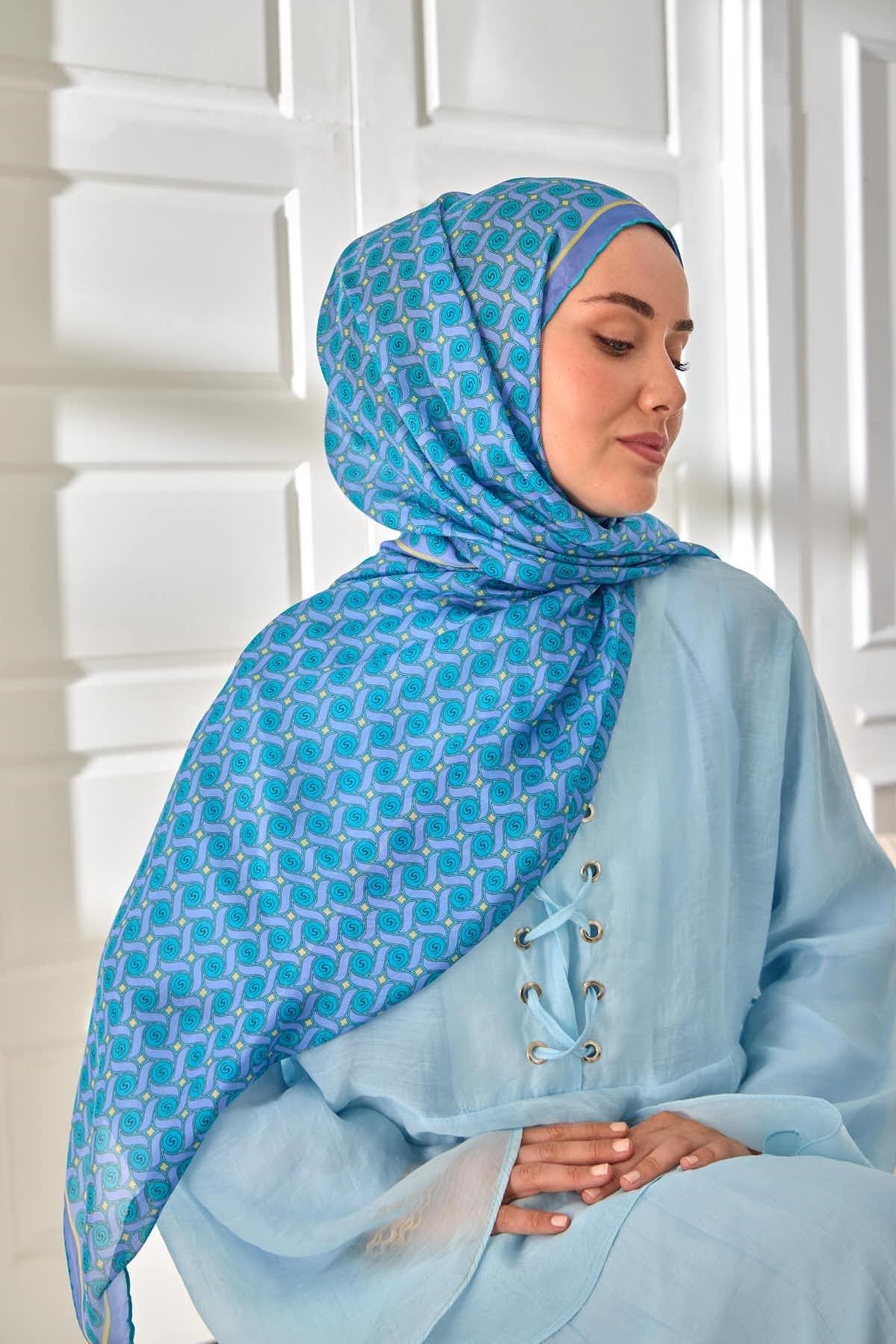 %100 Vual İpek Şal Lila Turkuaz Butter Yellow Desenli 70x190