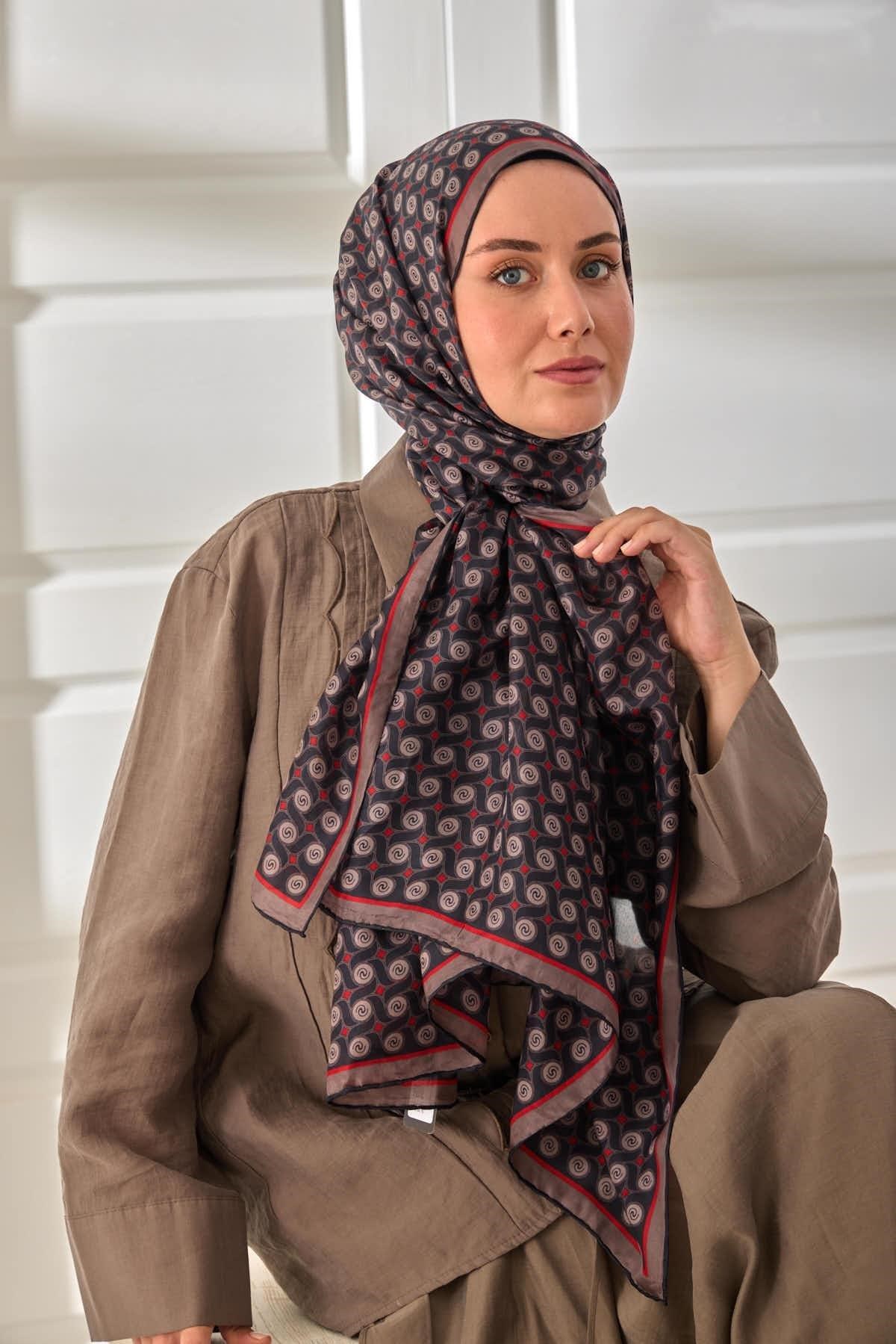 %100 Vual İpek Şal Vizon Siyah Kırmızı Desenli 70x190