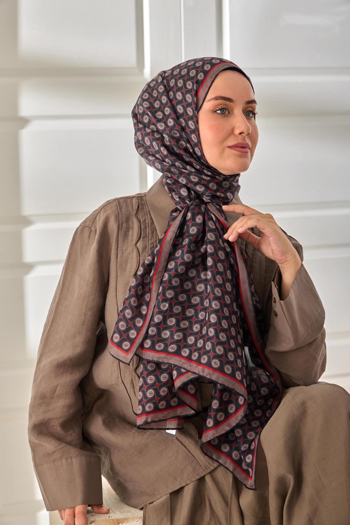 %100 Vual İpek Şal Vizon Siyah Kırmızı Desenli 70x190