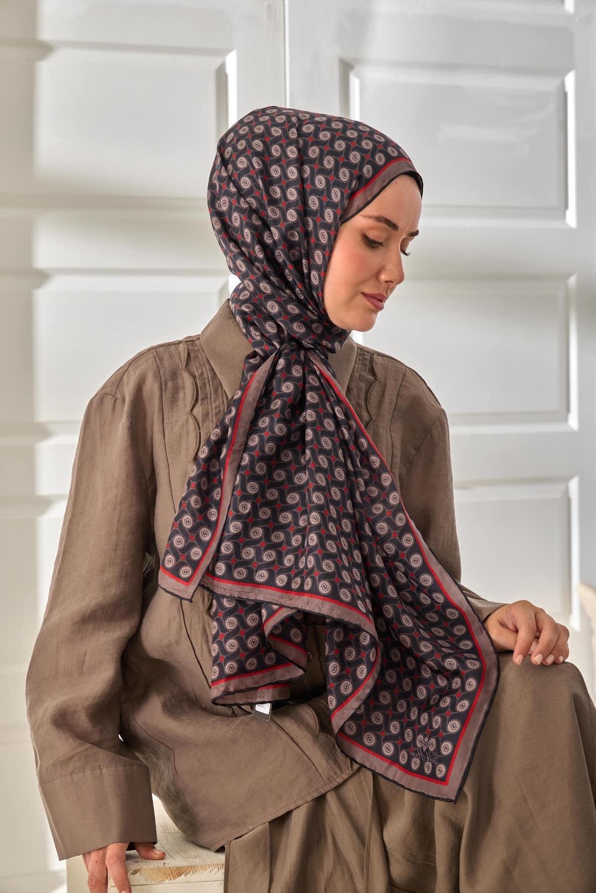 %100 Vual İpek Şal Vizon Siyah Kırmızı Desenli 70x190