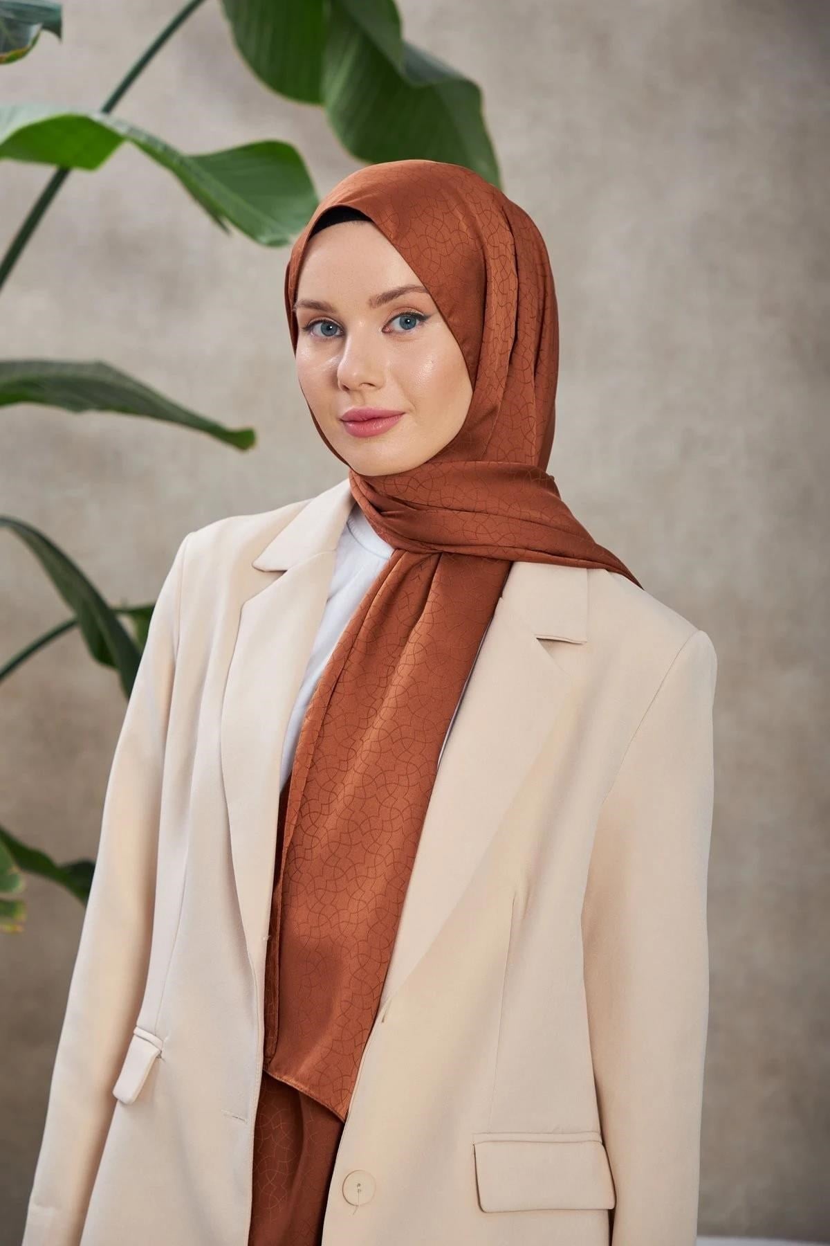 Alesa Desen İpeksi Jakar Şal Kızıl Kahve 9003-17