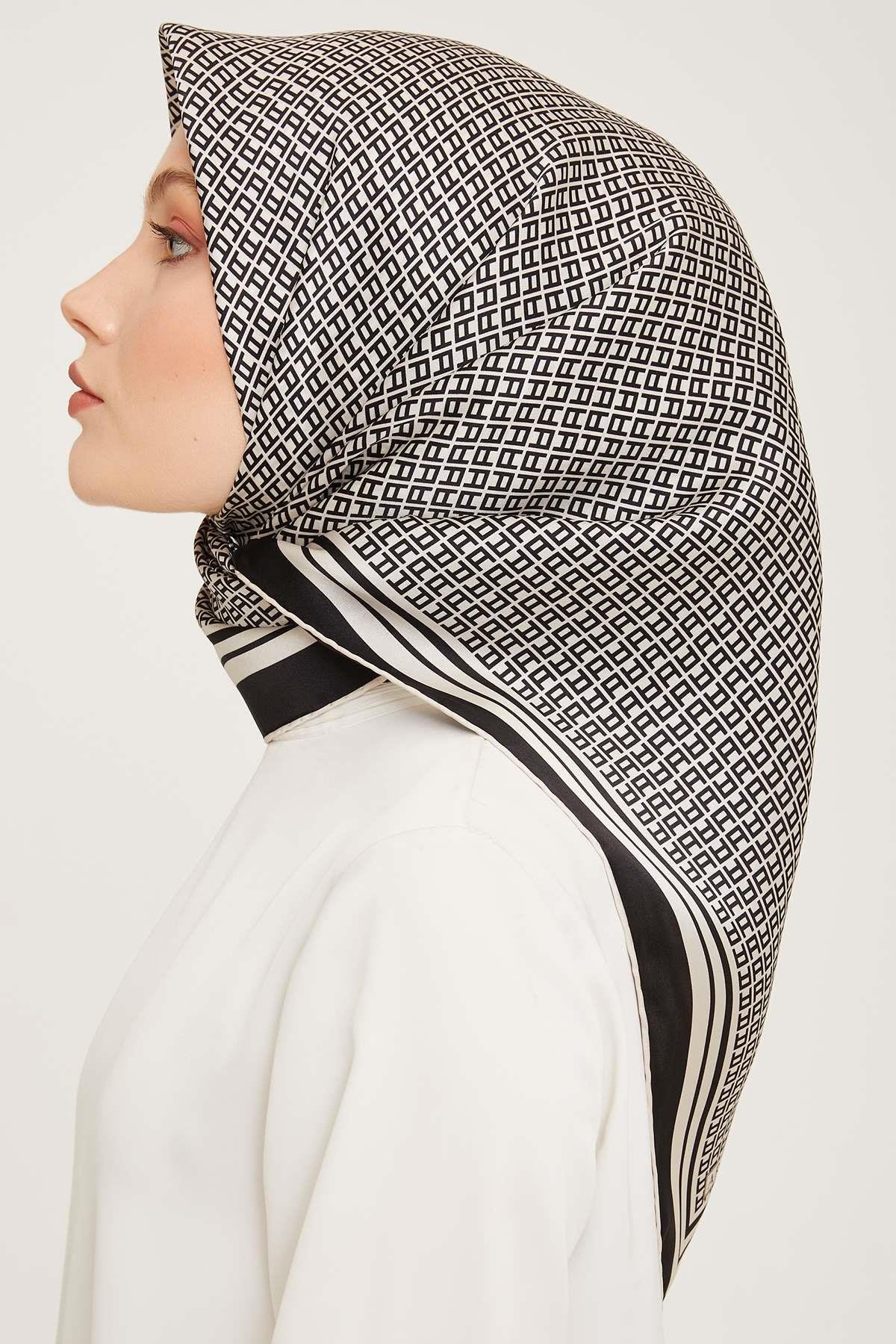 Armine - İpek Eşarp 2023/2024 Sonbahar Kış Twill İpek Siyah Beyaz 9026-02