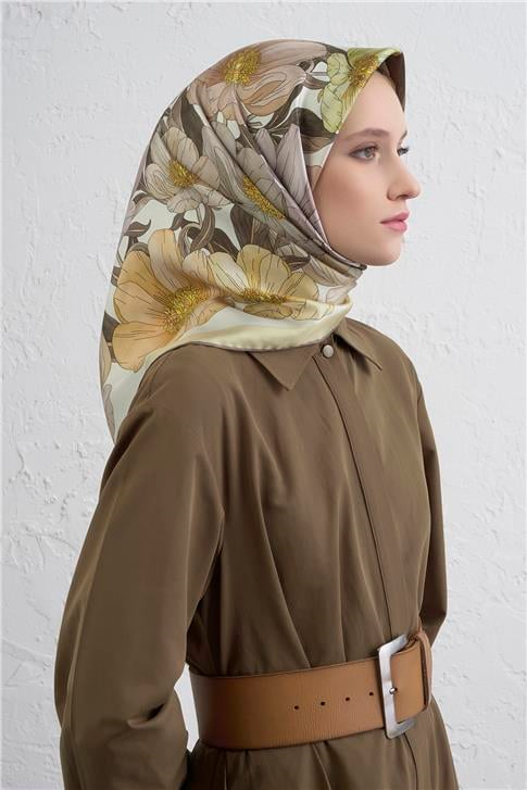 Armine Çiçek Desenli Saf İpek Twill Eşarp 9403D 38