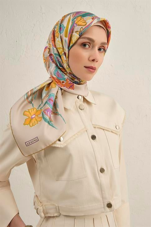Armine Çiçek Desenli Saf İpek Twill Eşarp 9332D 07