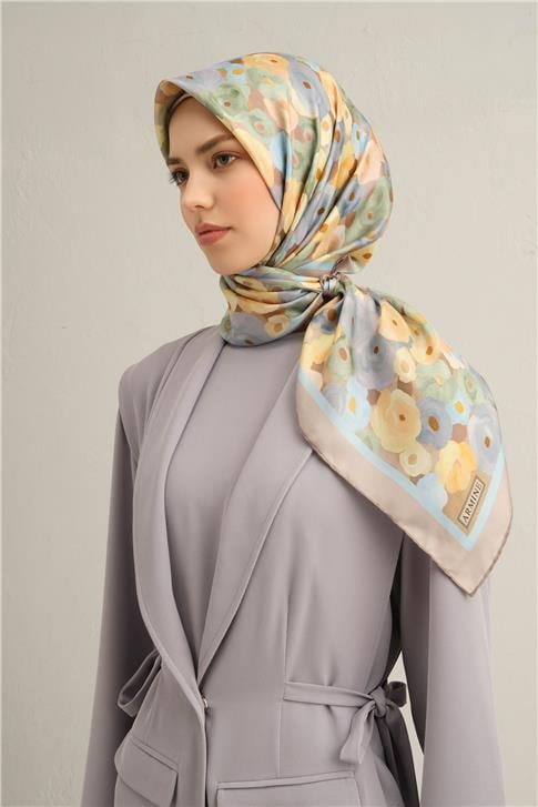 Armine Çiçek Desenli Saf İpek Twill Eşarp 9300D 03