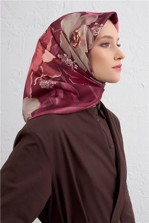 Armine Çiçek Desenli Saf İpek Twill Eşarp 9414D 2