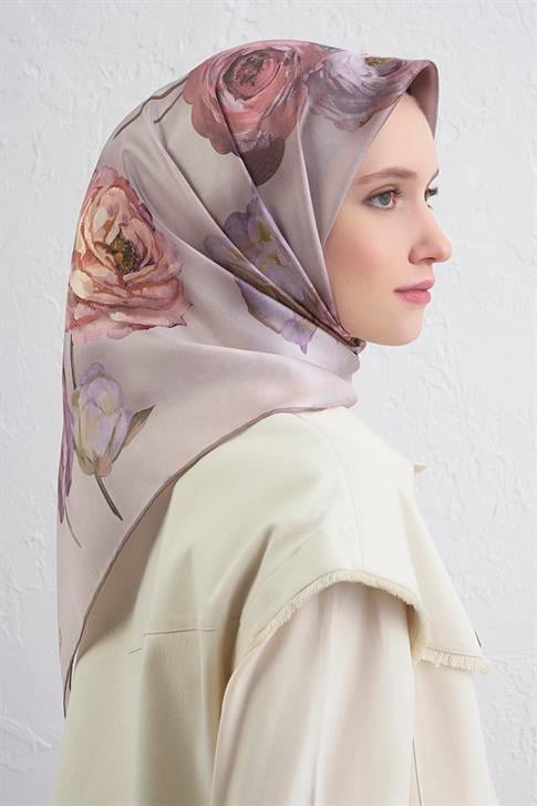 Armine Çiçek Desenli Saf İpek Twill Eşarp 9419D 06
