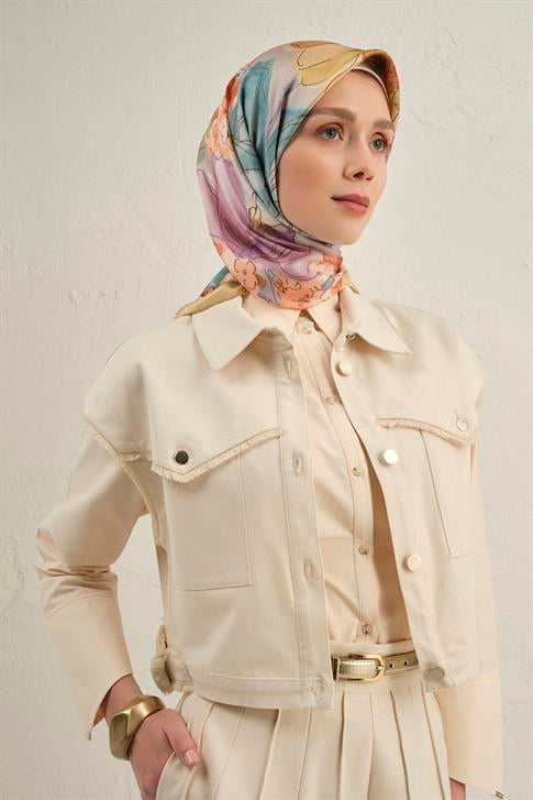 Armine Çiçek Desenli Saf İpek Twill Eşarp 9318D 06