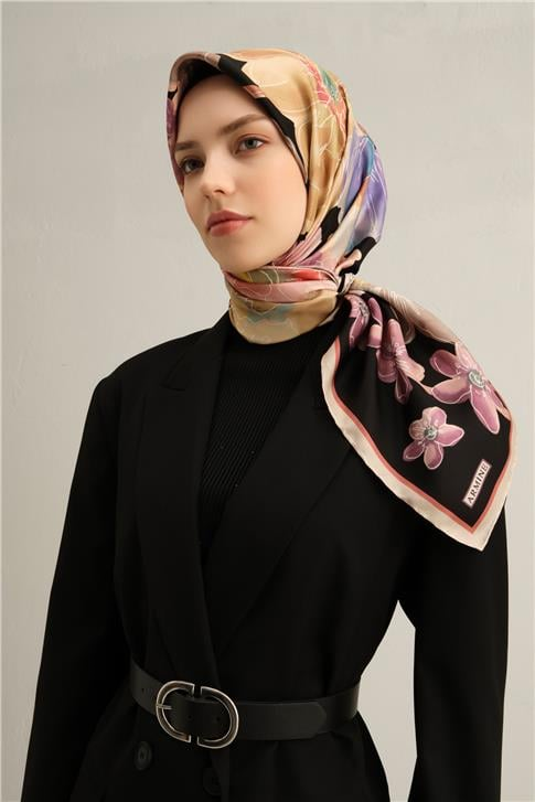 Armine Çiçek Desenli Saf İpek Twill Eşarp 9318D 04